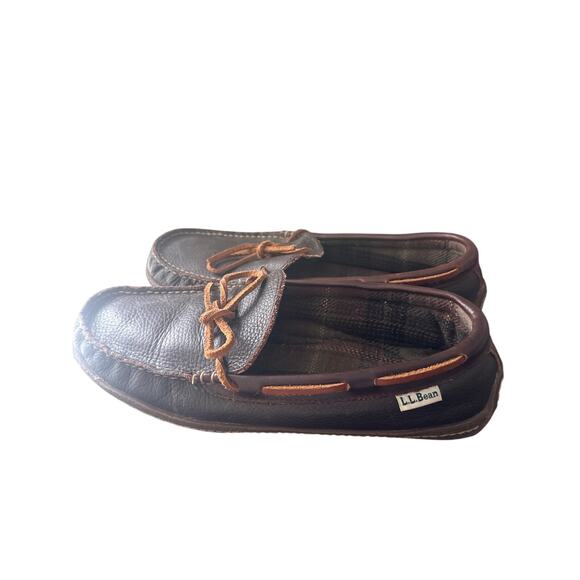 LL Bean Men's Brown Leather Slip On Flannel Lined Handsewn Slippers Size 9M B - Picture 3 of 6